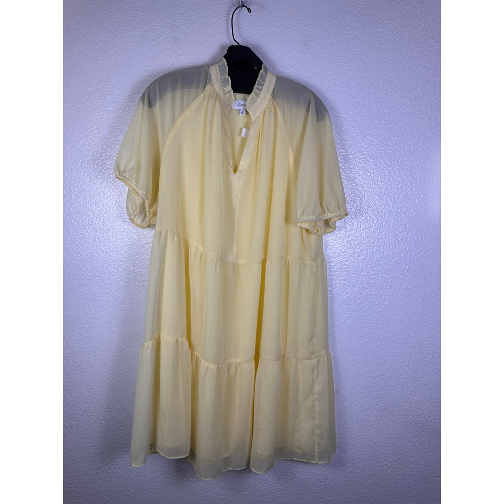 CeCe Butter Yellow Tiered Babydoll Dress Ruffle Neck Short Sleeve 1X New